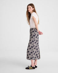 Pull-On Midi Skirt in Floral-Print Linen OAT