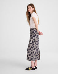 Pull-On Midi Skirt in Floral-Print Linen OAT