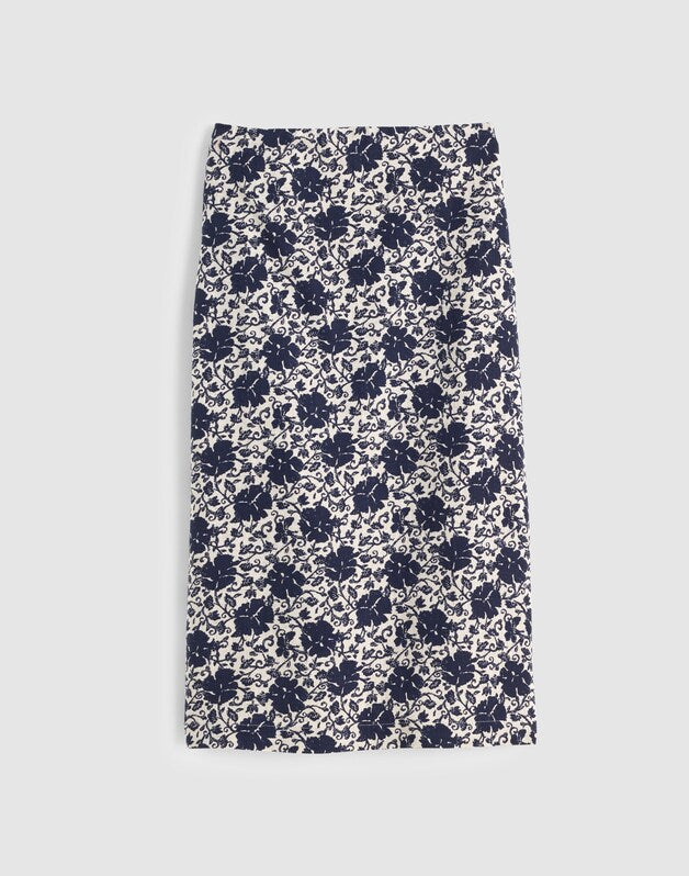 Pull-On Midi Skirt in Floral-Print Linen OAT