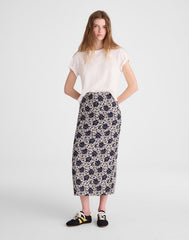 Pull-On Midi Skirt in Floral-Print Linen OAT