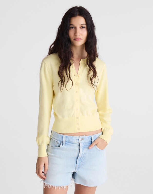 Button-Front Cardigan in 100% Cotton CANDLELIGHT