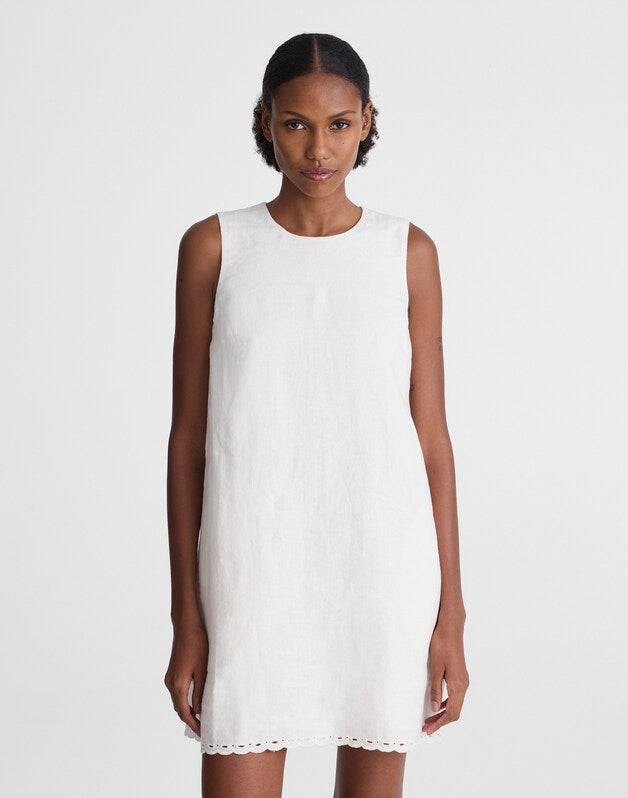 Embroidered Mini Shift Dress in 100% Linen IVORY LINEN