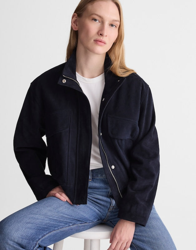 Funnel-Neck Utility Jacket in Suede CLASSIC NAVY
