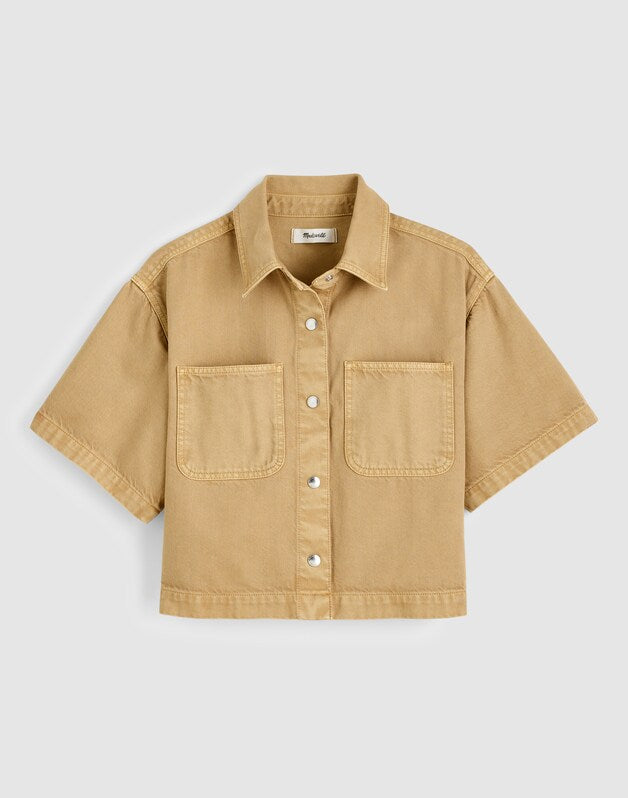 Boxy Crop Button-Up Shirt in Airy Denim FAWN