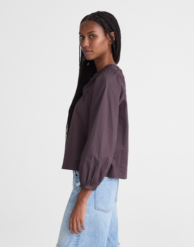 Lace-Insert High-Neck Top CHOCOLATE PLUM