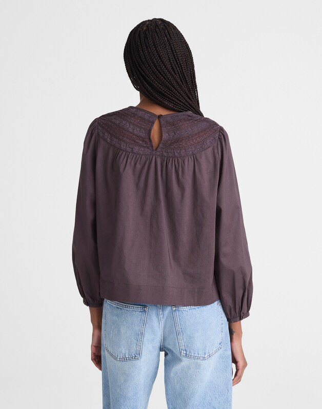 Lace-Insert High-Neck Top CHOCOLATE PLUM