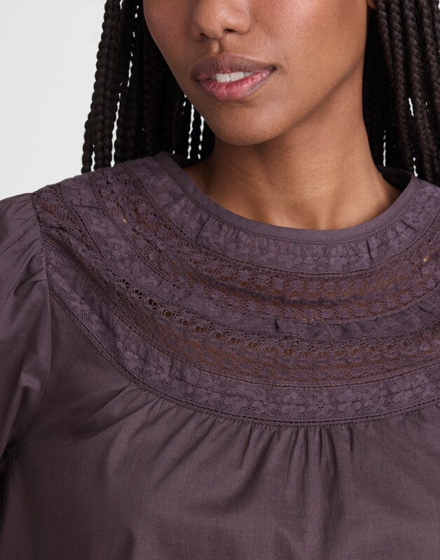 Lace-Insert High-Neck Top CHOCOLATE PLUM