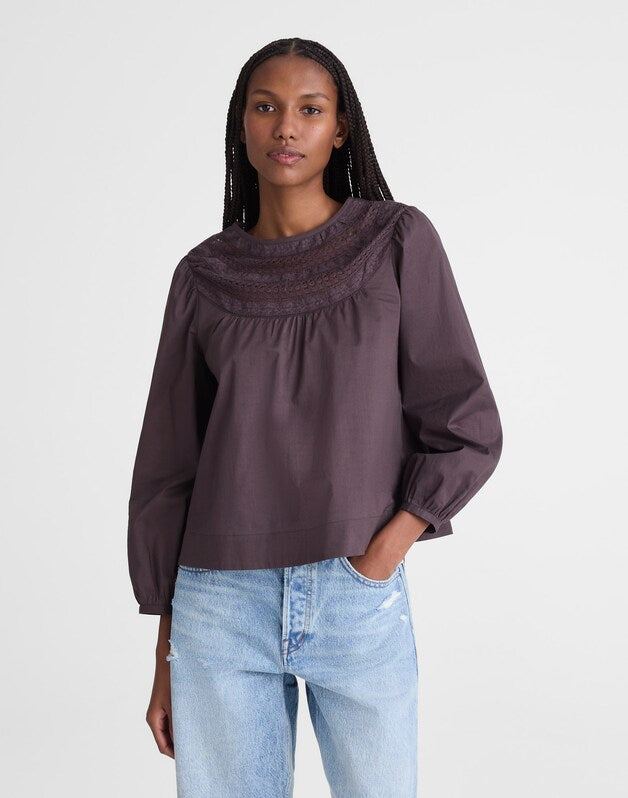 Lace-Insert High-Neck Top CHOCOLATE PLUM
