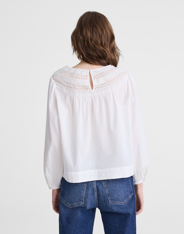 Lace-Insert High-Neck Top WHITE