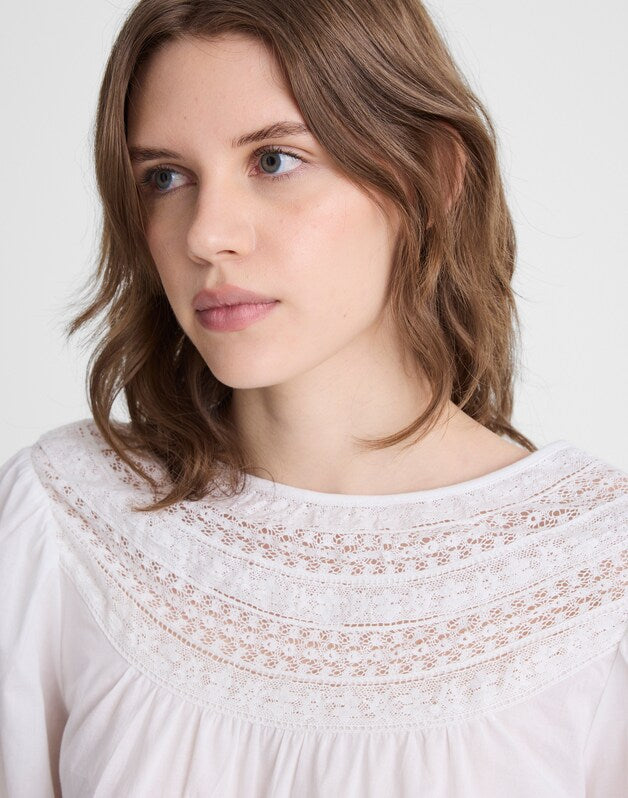 Lace-Insert High-Neck Top WHITE