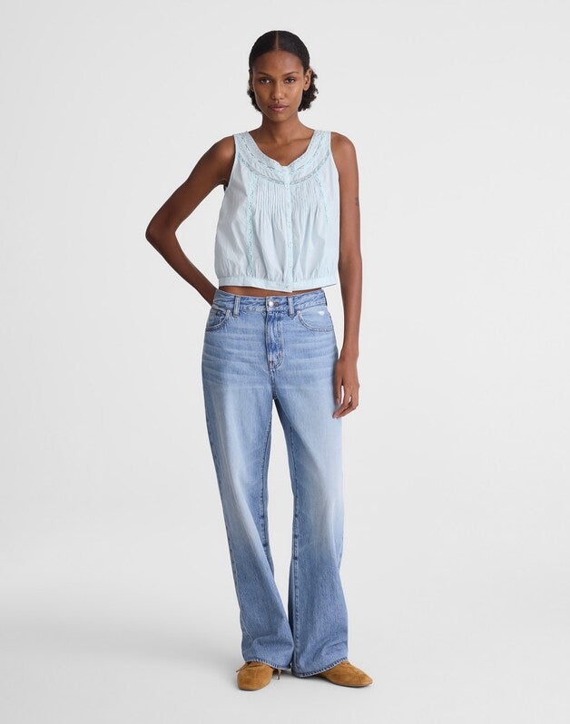 Lace-Insert Pintuck Sleeveless Top FROSTED SKY