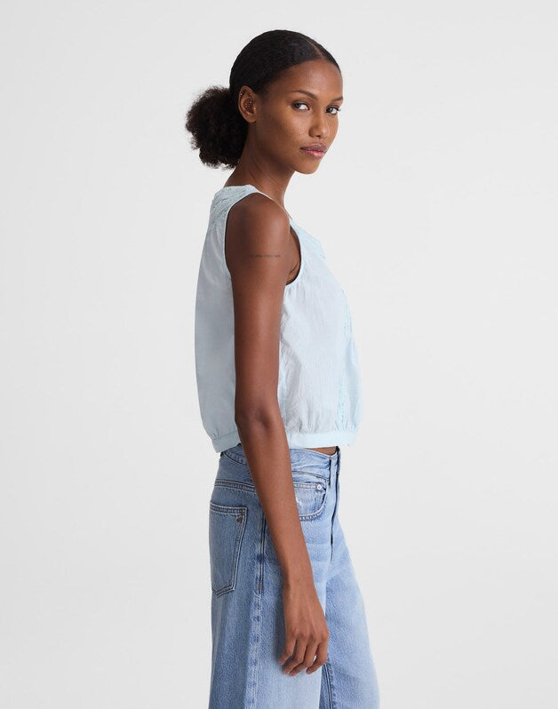 Lace-Insert Pintuck Sleeveless Top FROSTED SKY