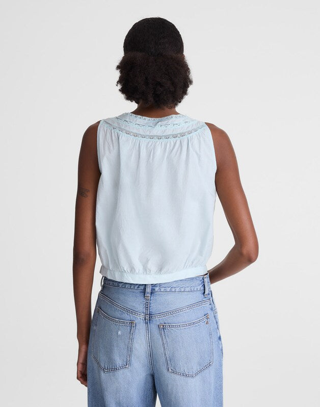 Lace-Insert Pintuck Sleeveless Top FROSTED SKY