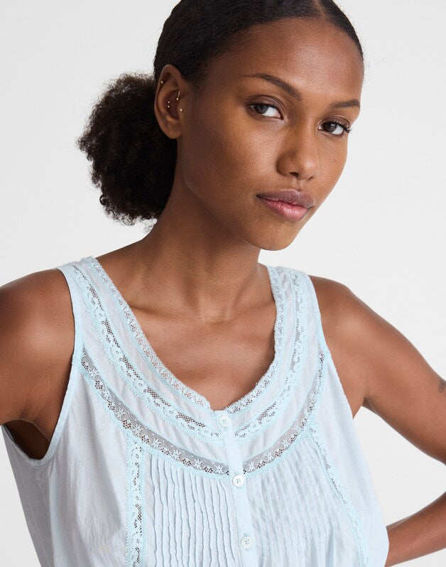 Lace-Insert Pintuck Sleeveless Top FROSTED SKY