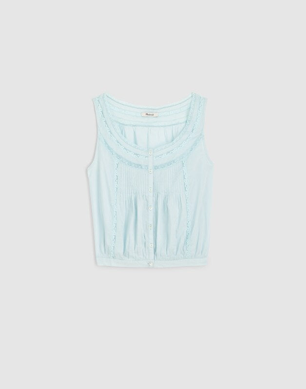 Lace-Insert Pintuck Sleeveless Top FROSTED SKY