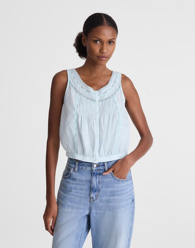 Lace-Insert Pintuck Sleeveless Top FROSTED SKY