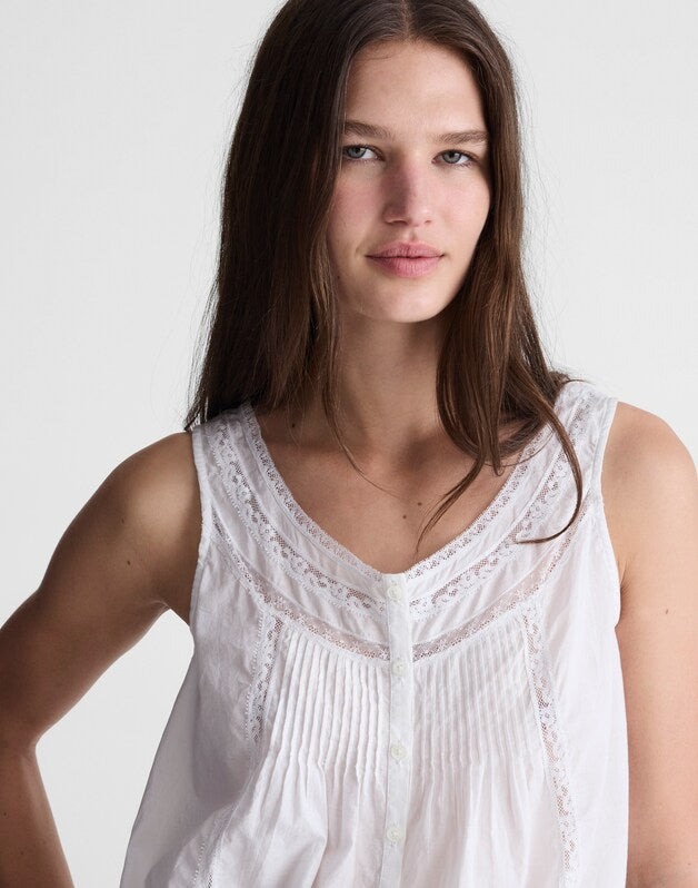 Lace-Insert Pintuck Sleeveless Top WHITE