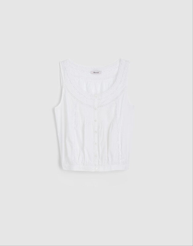 Lace-Insert Pintuck Sleeveless Top WHITE