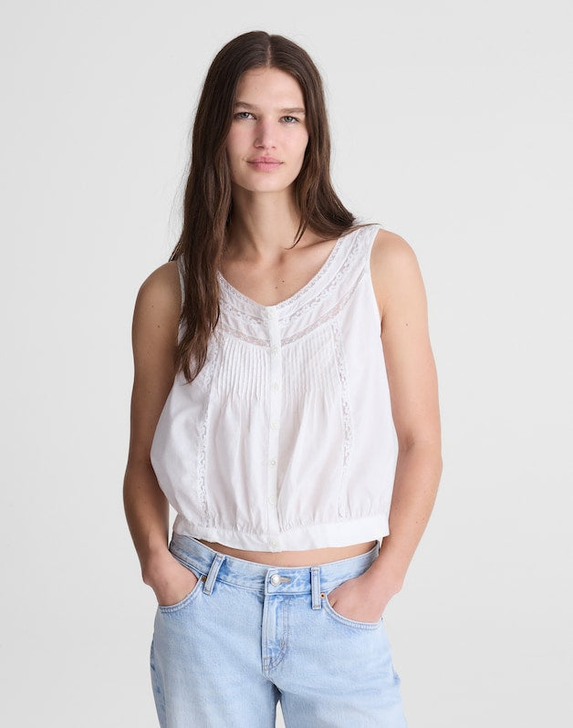 Lace-Insert Pintuck Sleeveless Top WHITE