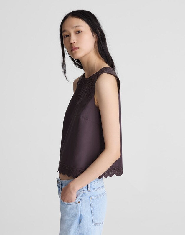 Embroidered Shell Top in Poplin CHOCOLATE PLUM
