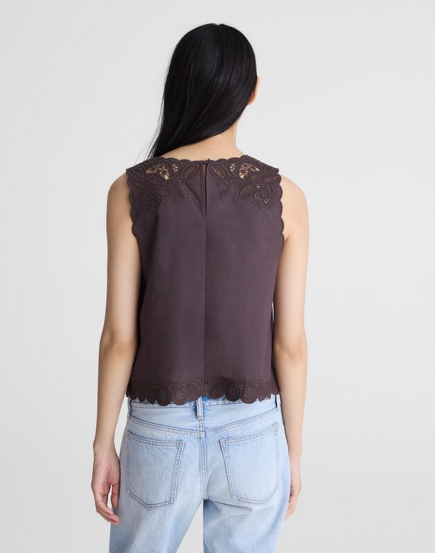 Embroidered Shell Top in Poplin CHOCOLATE PLUM