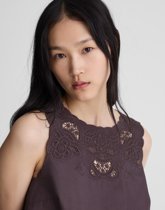 Embroidered Shell Top in Poplin CHOCOLATE PLUM