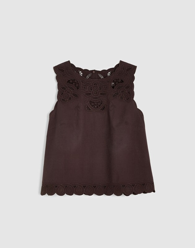 Embroidered Shell Top in Poplin CHOCOLATE PLUM