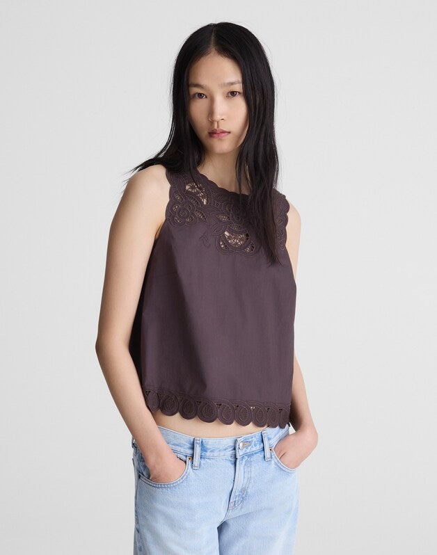 Embroidered Shell Top in Poplin CHOCOLATE PLUM