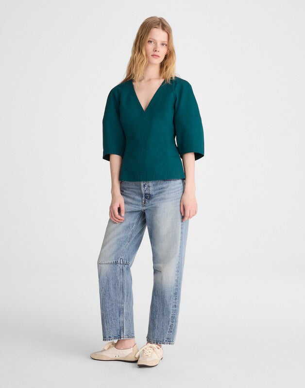 Sculptural V-Neck Top in Poplin MIDNIGHT SPRUCE