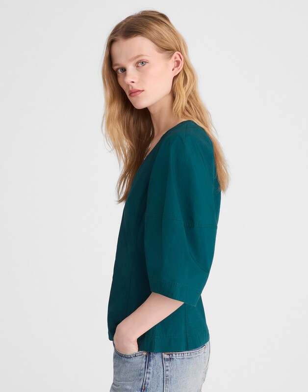 Sculptural V-Neck Top in Poplin MIDNIGHT SPRUCE