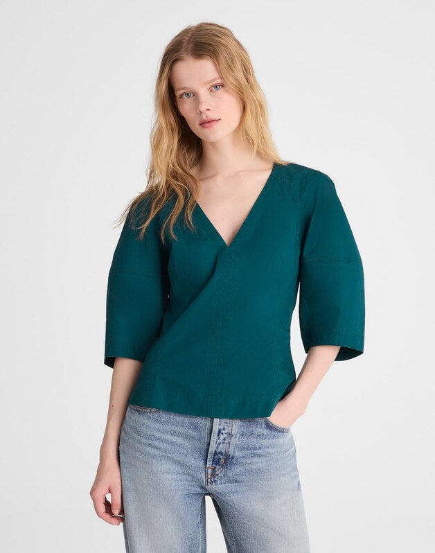 Sculptural V-Neck Top in Poplin MIDNIGHT SPRUCE