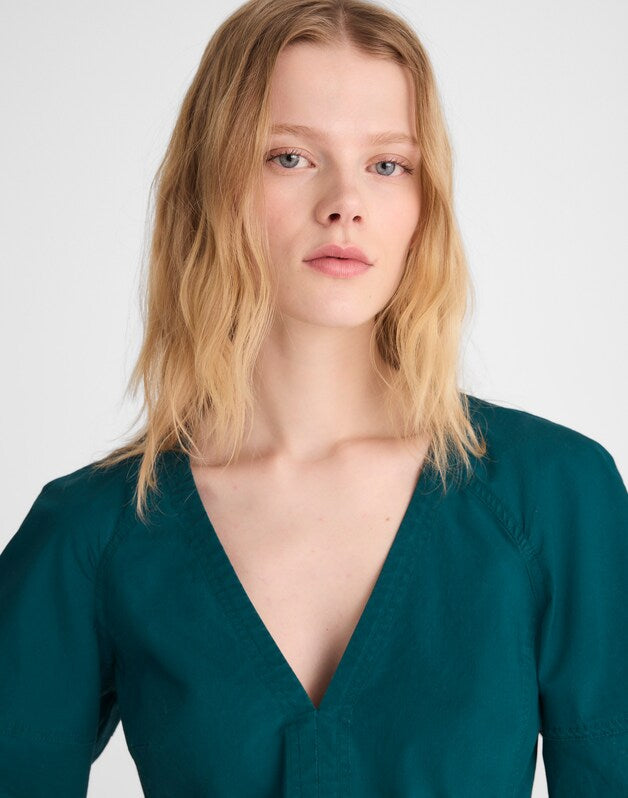 Sculptural V-Neck Top in Poplin MIDNIGHT SPRUCE