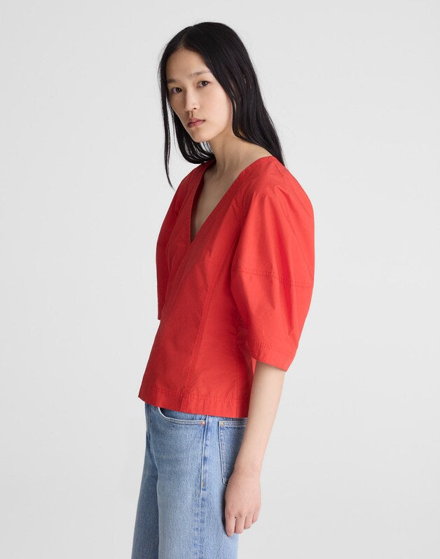 Sculptural V-Neck Top in Poplin WILD POPPY