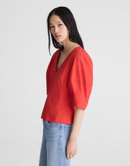 Sculptural V-Neck Top in Poplin WILD POPPY
