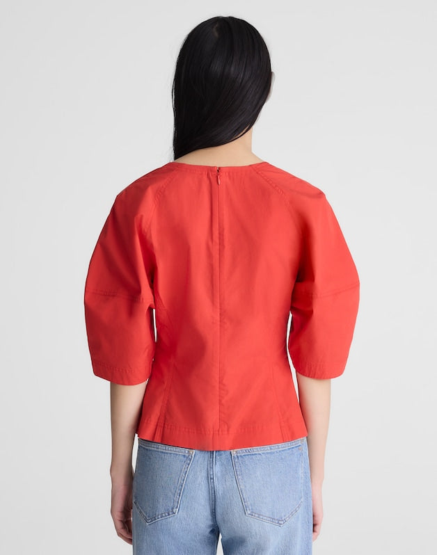 Sculptural V-Neck Top in Poplin WILD POPPY
