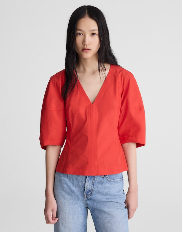 Sculptural V-Neck Top in Poplin WILD POPPY