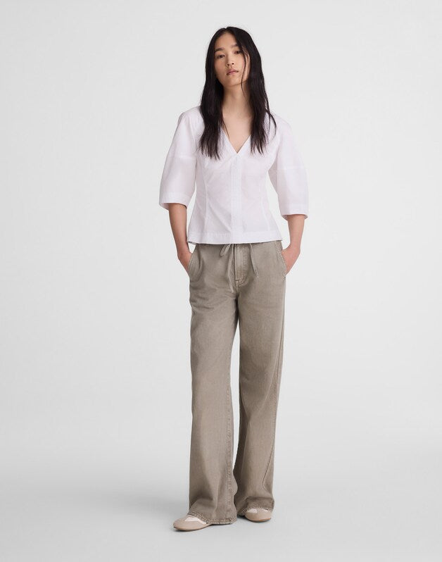 Sculptural V-Neck Top in Poplin WHITE