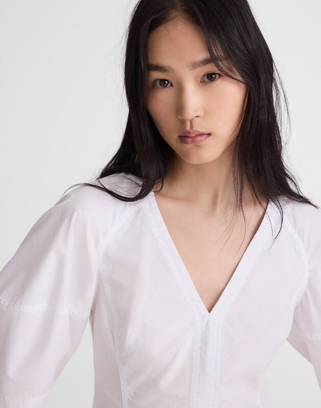 Sculptural V-Neck Top in Poplin WHITE
