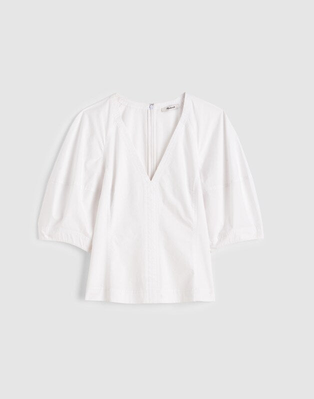 Sculptural V-Neck Top in Poplin WHITE