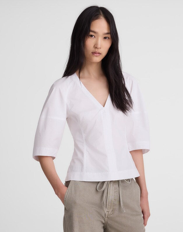 Sculptural V-Neck Top in Poplin WHITE