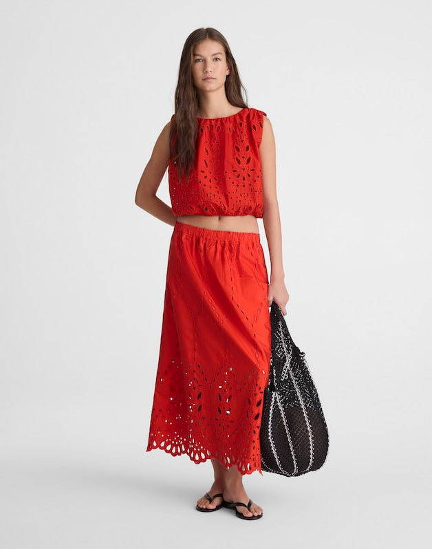 Embroidered Sleeveless Bubble Top in Poplin WILD POPPY
