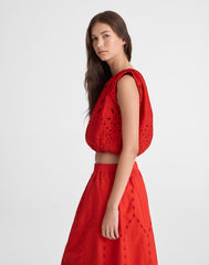 Embroidered Sleeveless Bubble Top in Poplin WILD POPPY