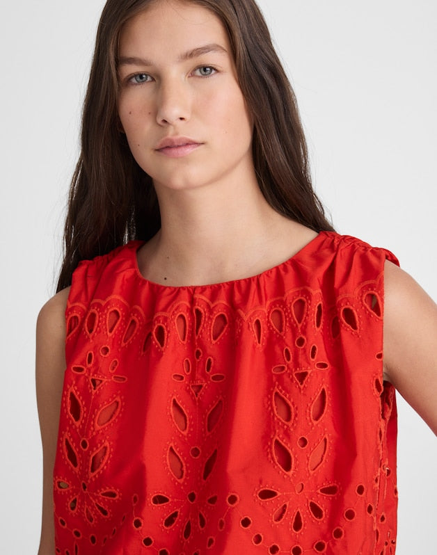 Embroidered Sleeveless Bubble Top in Poplin WILD POPPY