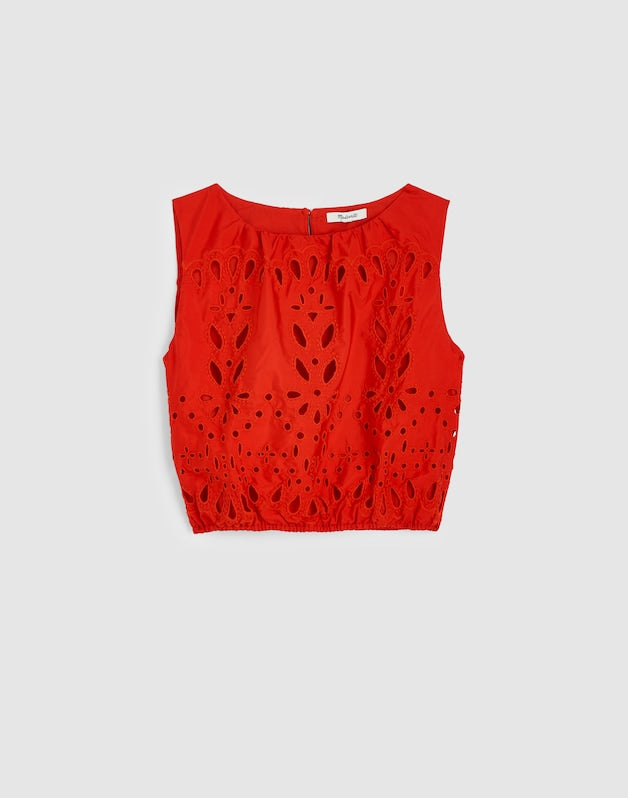 Embroidered Sleeveless Bubble Top in Poplin WILD POPPY