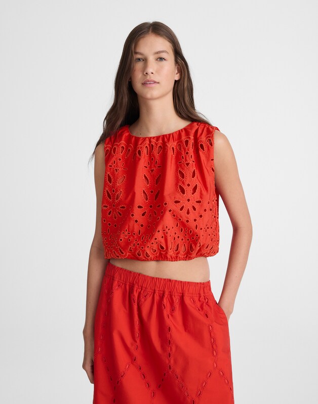 Embroidered Sleeveless Bubble Top in Poplin WILD POPPY