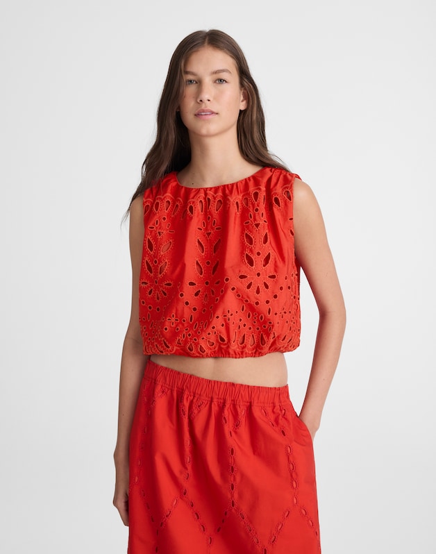 Embroidered Sleeveless Bubble Top in Poplin WILD POPPY