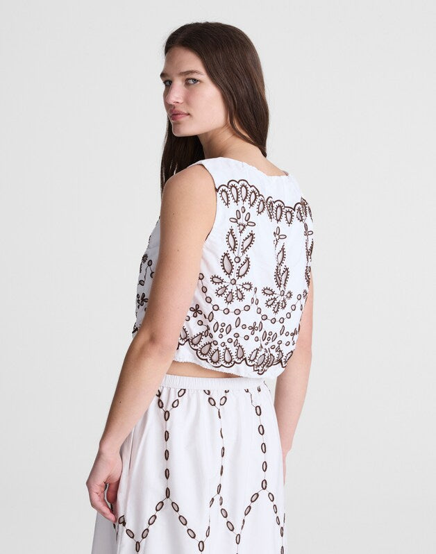 Embroidered Sleeveless Bubble Top in Poplin WHITE