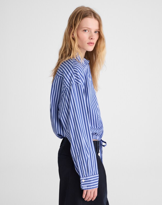 Drawstring Button-Up Shirt in Poplin FRENCH BLUE