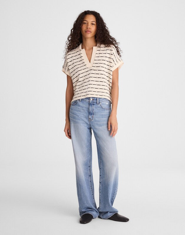 Diamond-Knit Relaxed Polo Shirt BEIGE BLACK STRIPE