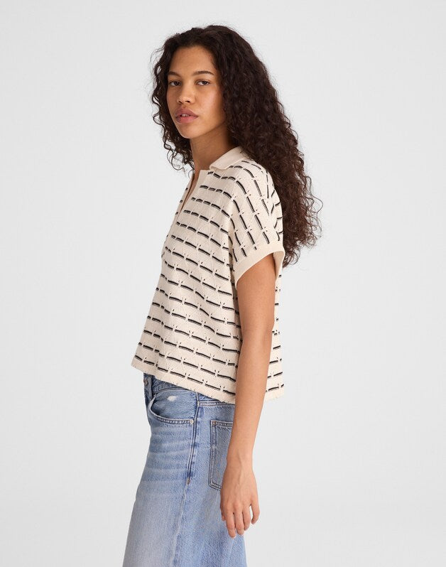 Diamond-Knit Relaxed Polo Shirt BEIGE BLACK STRIPE
